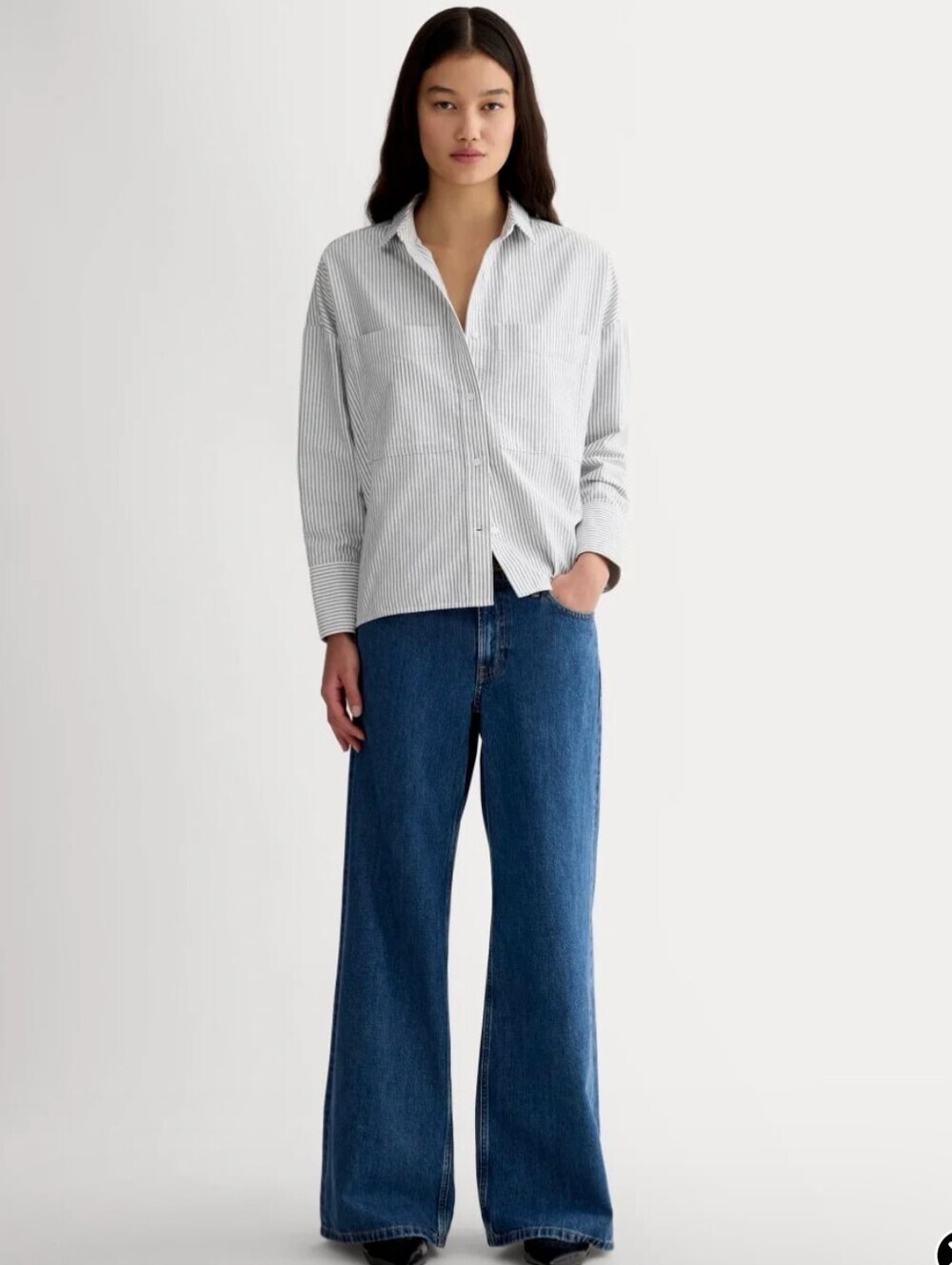 Everlane The Boxy Oxford Black And White Stripe 100% Organic Cotton Top Size L - Picture 1 of 12